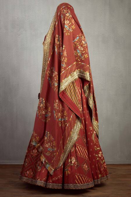 Shop_Torani_Maroon Cotton Silk Chanderi Printed Lehenga Set_at_Aza_Fashions