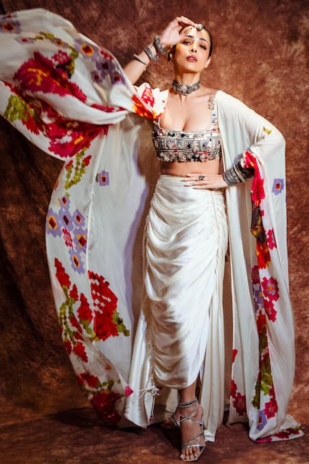 Buy_Saaksha & Kinni_Ivory Placement Floral Print Cape _Online_at_Aza_Fashions