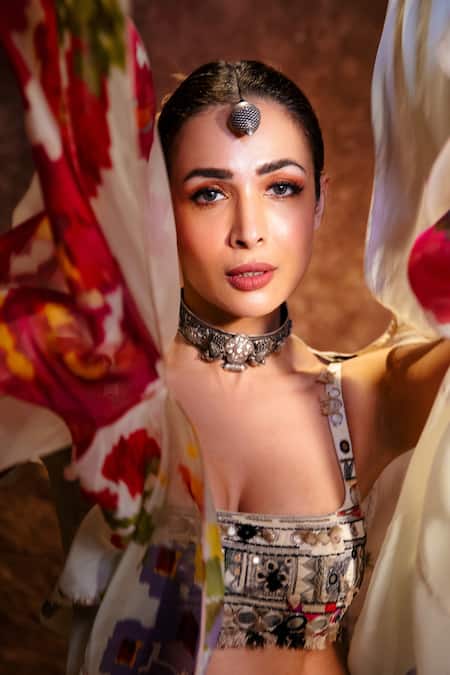 Saaksha & Kinni_Ivory Placement Floral Print Cape _at_Aza_Fashions