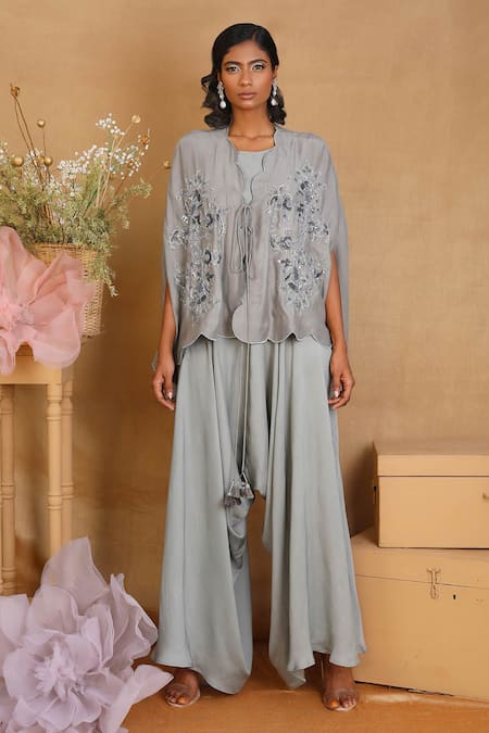 Nayantara Couture Grey Silk Tie-up Jacket And Dhoti Pant Set 