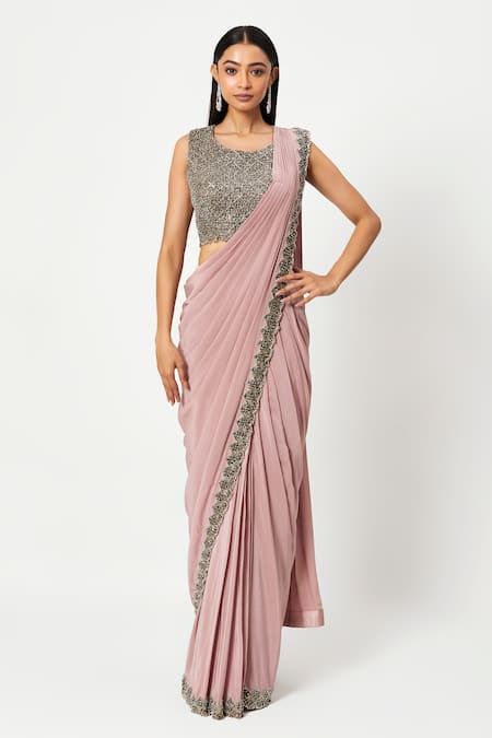 Rishi And Soujit Pink Organza, Crepe Cutdana, Stone Pre-draped Saree With Embroidered Blouse 