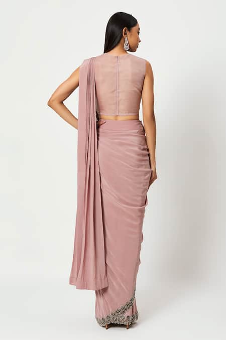 Shop Rishi And Soujit Pink Organza, Crepe Cutdana, Stone Pre-draped Saree With Embroidered Blouse at Aza Fashions Shop_Rishi And Soujit_Pink Organza, Crepe Cutdana, Stone Pre-draped Saree With Embroidered Blouse _at_Aza_Fashions