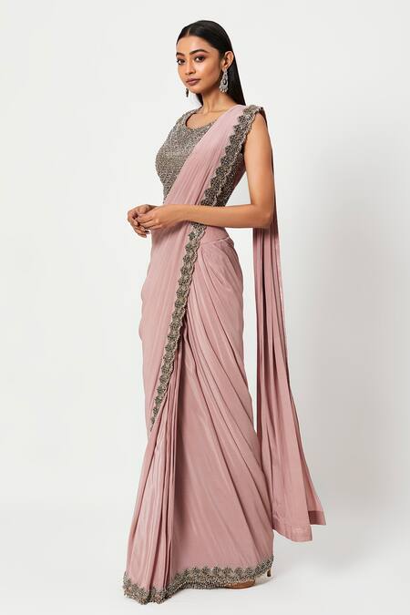 Rishi And Soujit Pink Organza, Crepe Cutdana, Stone Pre-draped Saree With Embroidered Blouse Online at Aza Fashions Rishi And Soujit_Pink Organza, Crepe Cutdana, Stone Pre-draped Saree With Embroidered Blouse _Online_at_Aza_Fashions