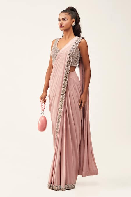 Shop Rishi And Soujit Pink Organza, Crepe Cutdana, Stone Leaf Pre-draped Saree With Embroidered Blouse at Aza Fashions Shop_Rishi And Soujit_Pink Organza, Crepe Cutdana, Stone Leaf Pre-draped Saree With Embroidered Blouse _at_Aza_Fashions