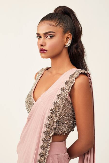 Rishi And Soujit Pink Organza, Crepe Cutdana, Stone Leaf Pre-draped Saree With Embroidered Blouse Online at Aza Fashions Rishi And Soujit_Pink Organza, Crepe Cutdana, Stone Leaf Pre-draped Saree With Embroidered Blouse _Online_at_Aza_Fashions