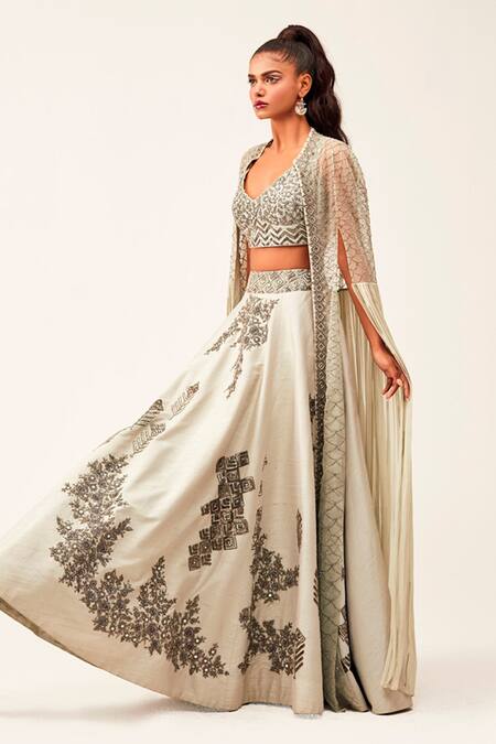 Rishi And Soujit Grey Rawsilk Embroidery Cutdana Cape Open Lehenga Set Online at Aza Fashions Rishi And Soujit_Grey Rawsilk Embroidery Cutdana Cape Open Lehenga Set _Online_at_Aza_Fashions