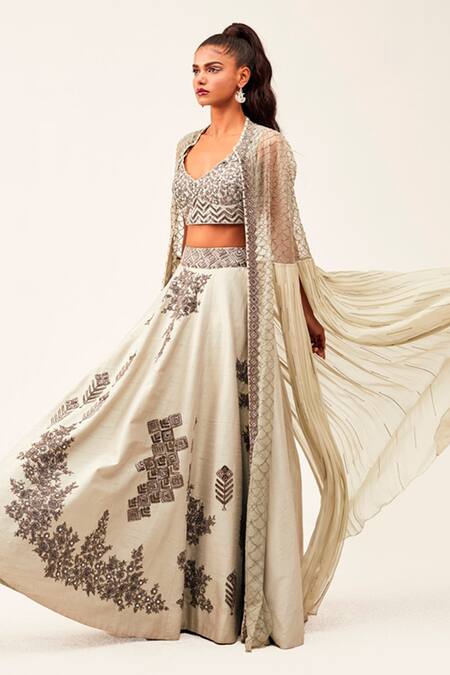 Buy Rishi And Soujit Grey Rawsilk Embroidery Cutdana Cape Open Lehenga Set Online at Aza Fashions Buy_Rishi And Soujit_Grey Rawsilk Embroidery Cutdana Cape Open Lehenga Set _Online_at_Aza_Fashions