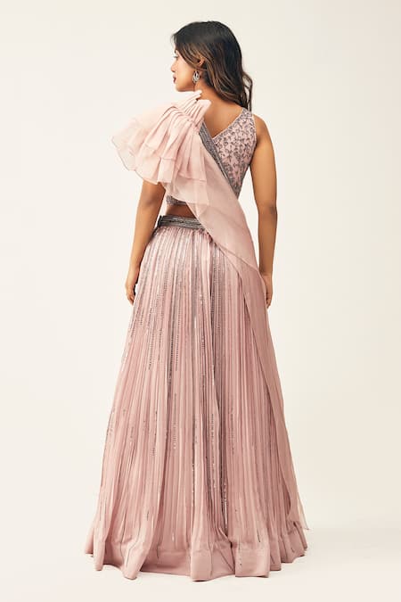 Shop Rishi And Soujit Pink Organza, Crepe Cutdana, Sequin Asymmetric Embroidered Lehenga Set at Aza Fashions Shop_Rishi And Soujit_Pink Organza, Crepe Cutdana, Sequin Asymmetric Embroidered Lehenga Set _at_Aza_Fashions