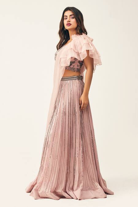Rishi And Soujit Pink Organza, Crepe Cutdana, Sequin Asymmetric Embroidered Lehenga Set Online at Aza Fashions Rishi And Soujit_Pink Organza, Crepe Cutdana, Sequin Asymmetric Embroidered Lehenga Set _Online_at_Aza_Fashions