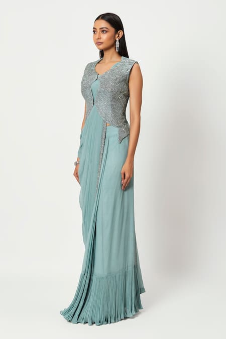 Rishi And Soujit_Blue Georgette Embroidery Bead Open Pre-draped Saree With Jacket  _Online_at_Aza_Fashions