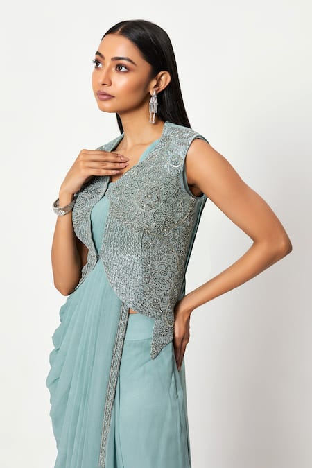Buy_Rishi And Soujit_Blue Georgette Embroidery Bead Open Pre-draped Saree With Jacket  _Online_at_Aza_Fashions