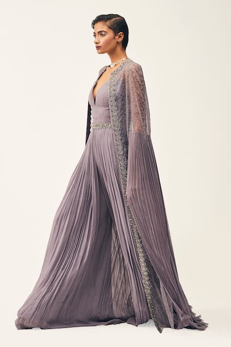 Shop Rishi And Soujit Purple Georgette Embellished Swarovski Gathered Jumpsuit With Cape at Aza Fashions Shop_Rishi And Soujit_Purple Georgette Embellished Swarovski Gathered Jumpsuit With Cape _at_Aza_Fashions