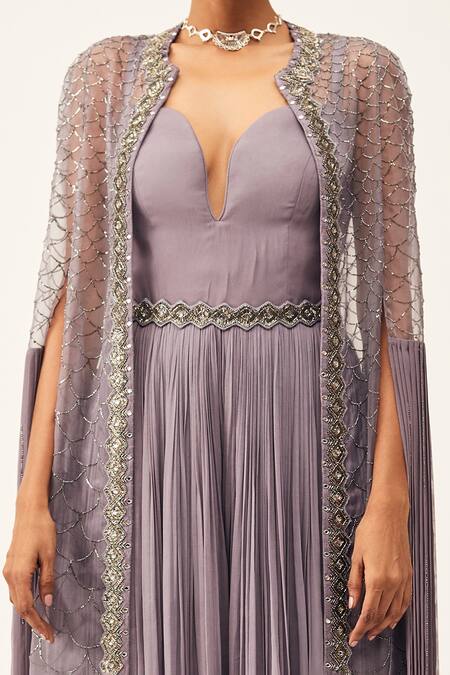 Rishi And Soujit Purple Georgette Embellished Swarovski Gathered Jumpsuit With Cape Online at Aza Fashions Rishi And Soujit_Purple Georgette Embellished Swarovski Gathered Jumpsuit With Cape _Online_at_Aza_Fashions