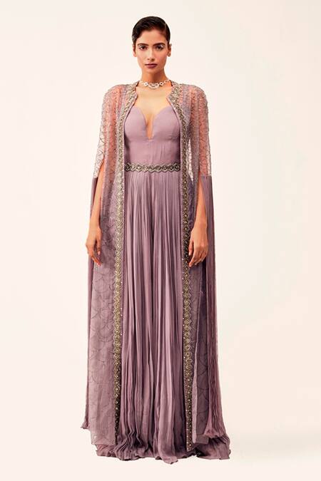 Rishi And Soujit Purple Georgette Embellished Swarovski Gathered Jumpsuit With Cape  
