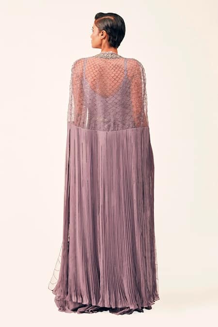 Shop Rishi And Soujit Purple Georgette Embellished Swarovski Gathered Jumpsuit With Cape at Aza Fashions Shop_Rishi And Soujit_Purple Georgette Embellished Swarovski Gathered Jumpsuit With Cape _at_Aza_Fashions