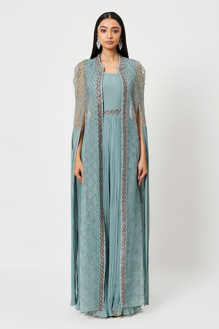 Rishi And Soujit Blue Georgette Embellished Swarovski U Gathered Jumpsuit With Cape  
