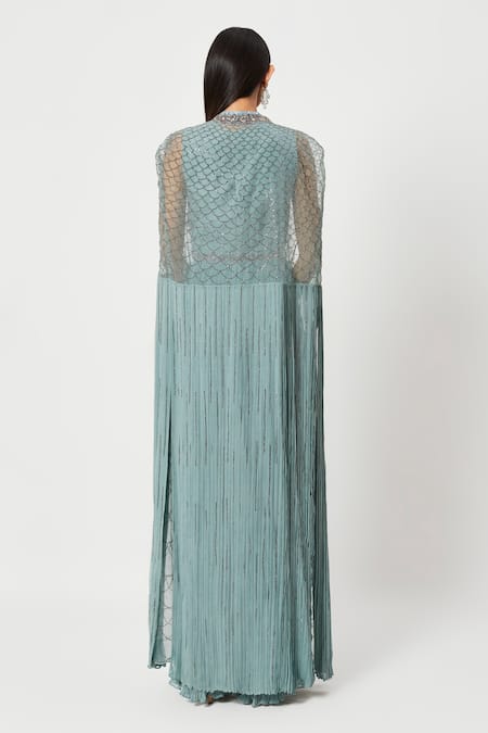 Shop Rishi And Soujit Blue Georgette Embellished Swarovski U Gathered Jumpsuit With Cape at Aza Fashions Shop_Rishi And Soujit_Blue Georgette Embellished Swarovski U Gathered Jumpsuit With Cape _at_Aza_Fashions