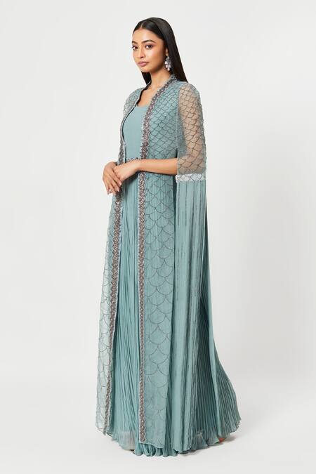 Rishi And Soujit Blue Georgette Embellished Swarovski U Gathered Jumpsuit With Cape Online at Aza Fashions Rishi And Soujit_Blue Georgette Embellished Swarovski U Gathered Jumpsuit With Cape _Online_at_Aza_Fashions