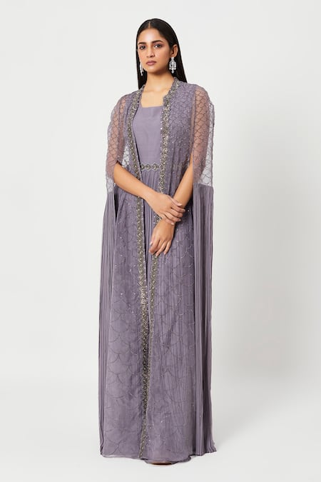 Rishi And Soujit Purple Georgette Embellished Swarovski U Gathered Jumpsuit With Cape  