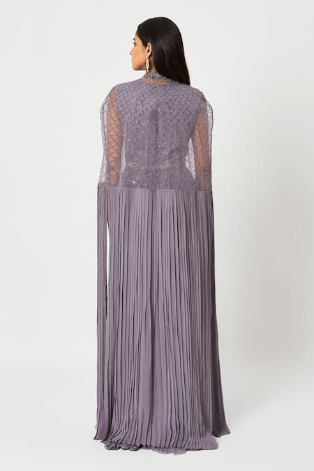 Shop Rishi And Soujit Purple Georgette Embellished Swarovski U Gathered Jumpsuit With Cape at Aza Fashions Shop_Rishi And Soujit_Purple Georgette Embellished Swarovski U Gathered Jumpsuit With Cape _at_Aza_Fashions