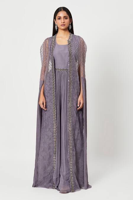 Rishi And Soujit Purple Georgette Embellished Swarovski U Gathered Jumpsuit With Cape Online at Aza Fashions Rishi And Soujit_Purple Georgette Embellished Swarovski U Gathered Jumpsuit With Cape _Online_at_Aza_Fashions