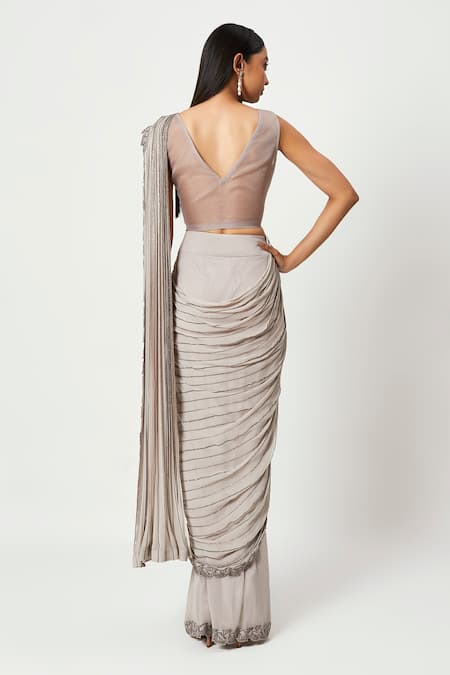 Shop Rishi And Soujit Grey Organza, Georgette Bead Work, Embroidered Pre-stitched Saree With Blouse at Aza Fashions Shop_Rishi And Soujit_Grey Organza, Georgette Bead Work, Embroidered Pre-stitched Saree With Blouse _at_Aza_Fashions