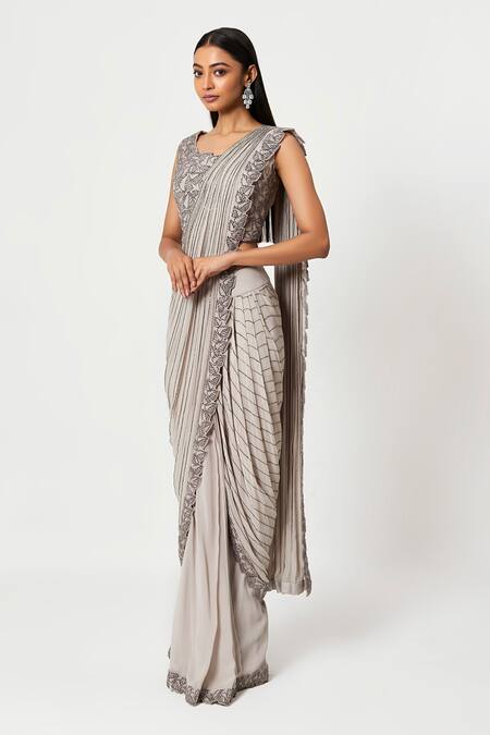 Rishi And Soujit Grey Organza, Georgette Bead Work, Embroidered Pre-stitched Saree With Blouse Online at Aza Fashions Rishi And Soujit_Grey Organza, Georgette Bead Work, Embroidered Pre-stitched Saree With Blouse _Online_at_Aza_Fashions