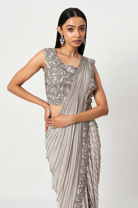 Buy Rishi And Soujit Grey Organza, Georgette Bead Work, Embroidered Pre-stitched Saree With Blouse Online at Aza Fashions Buy_Rishi And Soujit_Grey Organza, Georgette Bead Work, Embroidered Pre-stitched Saree With Blouse _Online_at_Aza_Fashions