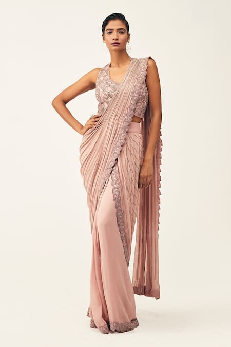 Rishi And Soujit Pink Organza, Georgette Geometric Embroidered Pre-stitched Saree With Blouse 