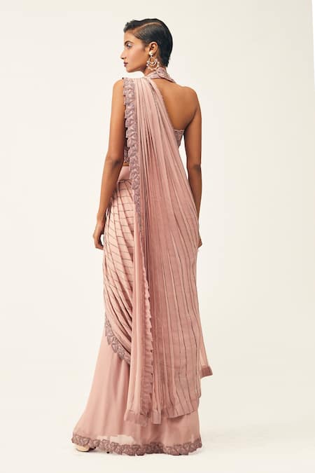 Shop Rishi And Soujit Pink Organza, Georgette Geometric Embroidered Pre-stitched Saree With Blouse at Aza Fashions Shop_Rishi And Soujit_Pink Organza, Georgette Geometric Embroidered Pre-stitched Saree With Blouse _at_Aza_Fashions