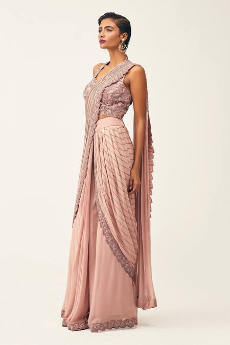 Rishi And Soujit Pink Organza, Georgette Geometric Embroidered Pre-stitched Saree With Blouse Online at Aza Fashions Rishi And Soujit_Pink Organza, Georgette Geometric Embroidered Pre-stitched Saree With Blouse _Online_at_Aza_Fashions