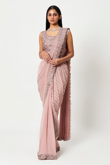 Rishi And Soujit Pink Organza, Georgette Bead Work, Embroidered Pre-stitched Saree With Blouse