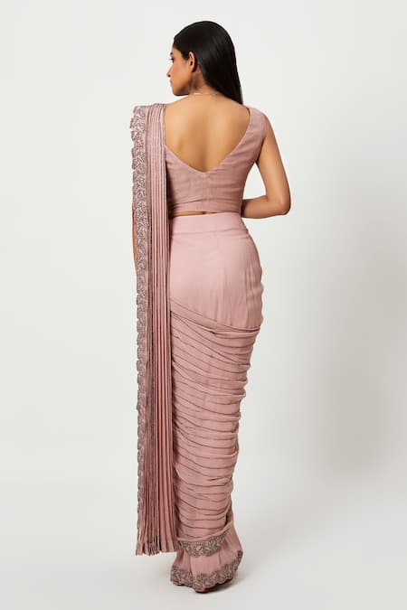 Shop Rishi And Soujit Pink Organza, Georgette Bead Work, Embroidered Pre-stitched Saree With Blouse at Aza Fashions Shop_Rishi And Soujit_Pink Organza, Georgette Bead Work, Embroidered Pre-stitched Saree With Blouse _at_Aza_Fashions