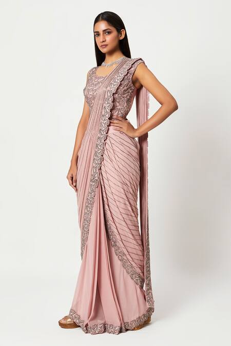 Rishi And Soujit Pink Organza, Georgette Bead Work, Embroidered Pre-stitched Saree With Blouse Online at Aza Fashions Rishi And Soujit_Pink Organza, Georgette Bead Work, Embroidered Pre-stitched Saree With Blouse _Online_at_Aza_Fashions