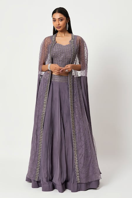 Rishi And Soujit Purple Raw Silk, Organza, Georgette Pleated Lehenga Set With Embroidered Cape 