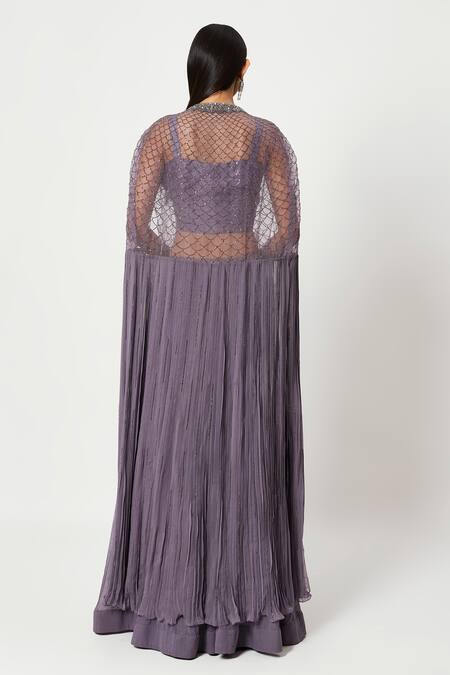 Shop Rishi And Soujit Purple Raw Silk, Organza, Georgette Pleated Lehenga Set With Embroidered Cape at Aza Fashions Shop_Rishi And Soujit_Purple Raw Silk, Organza, Georgette Pleated Lehenga Set With Embroidered Cape _at_Aza_Fashions