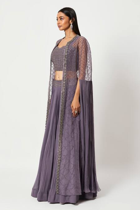 Rishi And Soujit Purple Raw Silk, Organza, Georgette Pleated Lehenga Set With Embroidered Cape Online at Aza Fashions Rishi And Soujit_Purple Raw Silk, Organza, Georgette Pleated Lehenga Set With Embroidered Cape _Online_at_Aza_Fashions