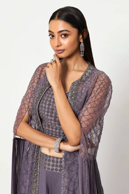 Buy Rishi And Soujit Purple Raw Silk, Organza, Georgette Pleated Lehenga Set With Embroidered Cape Online at Aza Fashions Buy_Rishi And Soujit_Purple Raw Silk, Organza, Georgette Pleated Lehenga Set With Embroidered Cape _Online_at_Aza_Fashions