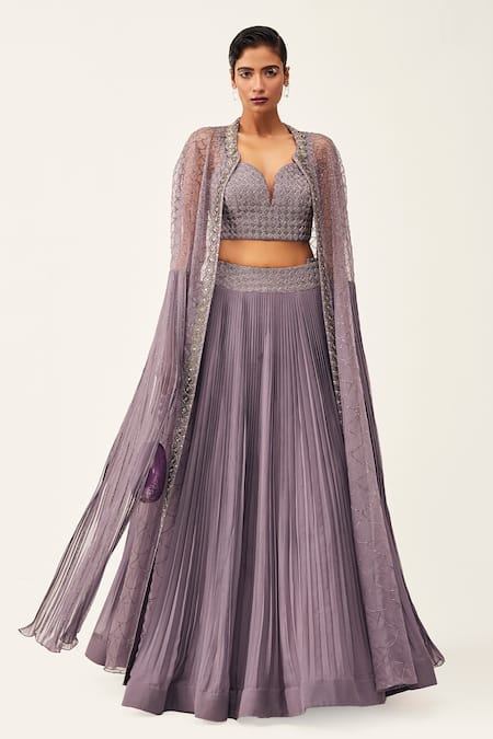 Rishi And Soujit Purple Raw Silk, Organza, Georgette Pleated Lehenga Set With Embroidered Cape 