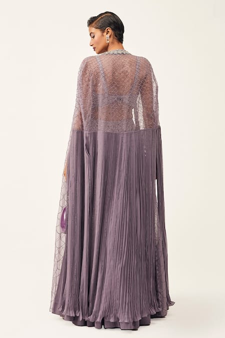 Shop Rishi And Soujit Purple Raw Silk, Organza, Georgette Pleated Lehenga Set With Embroidered Cape at Aza Fashions Shop_Rishi And Soujit_Purple Raw Silk, Organza, Georgette Pleated Lehenga Set With Embroidered Cape _at_Aza_Fashions