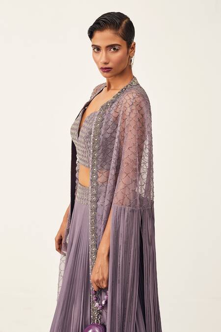 Rishi And Soujit Purple Raw Silk, Organza, Georgette Pleated Lehenga Set With Embroidered Cape Online at Aza Fashions Rishi And Soujit_Purple Raw Silk, Organza, Georgette Pleated Lehenga Set With Embroidered Cape _Online_at_Aza_Fashions