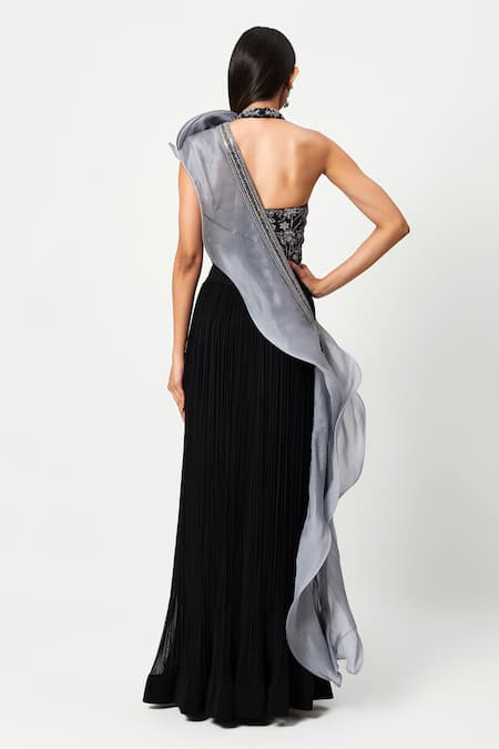 Shop Rishi And Soujit Black Raw Silk, Organza, Georgette Pleated Skirt Set With Structured Dupatta at Aza Fashions Shop_Rishi And Soujit_Black Raw Silk, Organza, Georgette Pleated Skirt Set With Structured Dupatta _at_Aza_Fashions