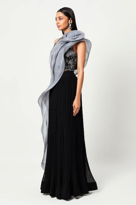 Rishi And Soujit Black Raw Silk, Organza, Georgette Pleated Skirt Set With Structured Dupatta Online at Aza Fashions Rishi And Soujit_Black Raw Silk, Organza, Georgette Pleated Skirt Set With Structured Dupatta _Online_at_Aza_Fashions