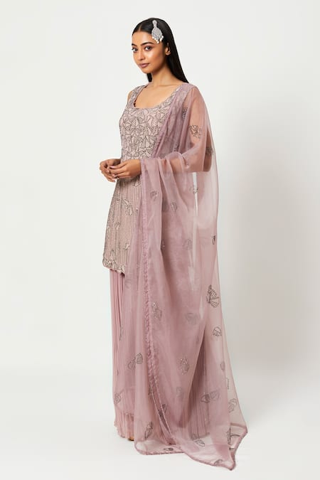 Rishi And Soujit_Pink Organza, Georgette Swarovski Scoop Neck Embellished Kurta Sharara Set _Online_at_Aza_Fashions