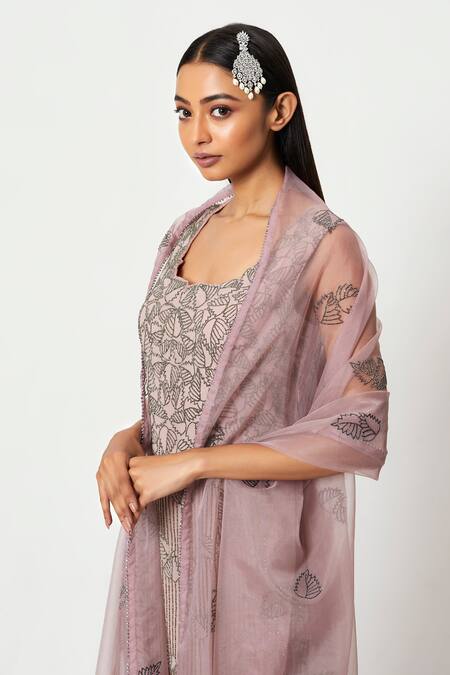 Buy_Rishi And Soujit_Pink Organza, Georgette Swarovski Scoop Neck Embellished Kurta Sharara Set _Online_at_Aza_Fashions