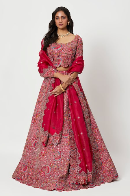 Rishi and Soujit Raw Silk Floral Embroidered Bridal Lehenga Set 