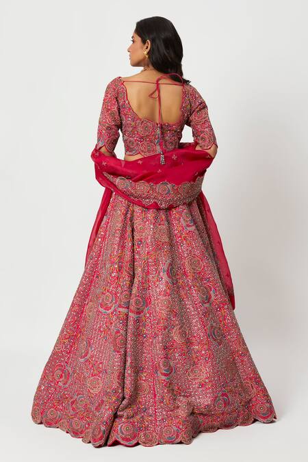 Shop Rishi And Soujit Red Raw Silk, Georgette Multi Color Floral Embroidered Bridal Lehenga Set at Aza Fashions Shop_Rishi And Soujit_Red Raw Silk, Georgette Multi Color Floral Embroidered Bridal Lehenga Set_at_Aza_Fashions