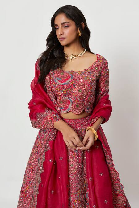 Rishi And Soujit Red Raw Silk, Georgette Multi Color Floral Embroidered Bridal Lehenga Set Online at Aza Fashions Rishi And Soujit_Red Raw Silk, Georgette Multi Color Floral Embroidered Bridal Lehenga Set_Online_at_Aza_Fashions