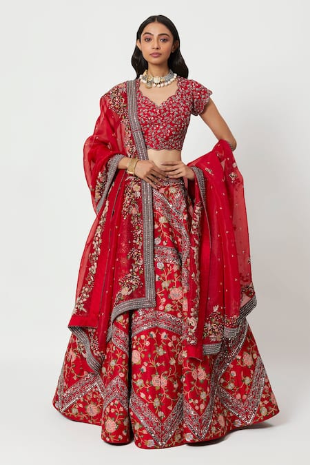 Rishi and Soujit Raw Silk Floral Embroidered Bridal Lehenga Set 