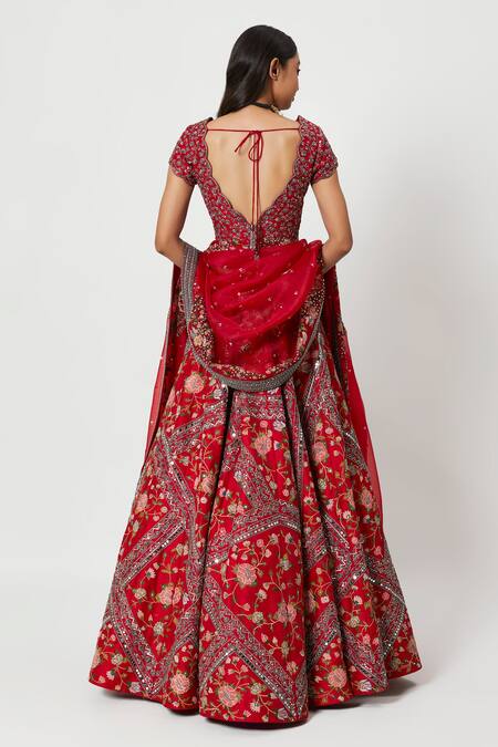 Shop Rishi And Soujit Red Raw Silk, Georgette Multi Color Floral Embroidered Bridal Lehenga Set at Aza Fashions Shop_Rishi And Soujit_Red Raw Silk, Georgette Multi Color Floral Embroidered Bridal Lehenga Set_at_Aza_Fashions